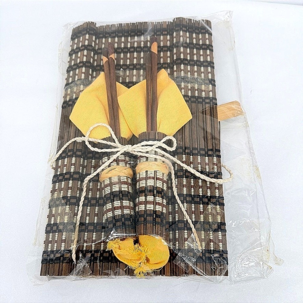 Bamboo Table Runner w/ Woven Yellow‎ Napkins & Chopsticks 2 Person NEW